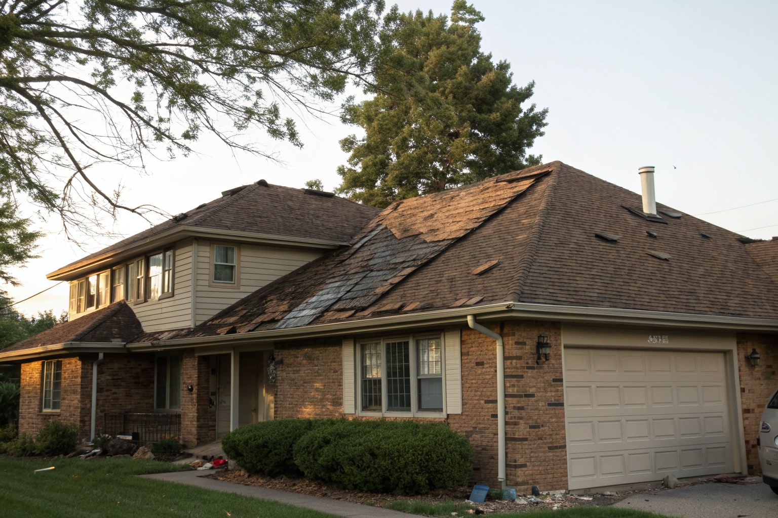 An aging brown shingle roof with curling edges on a two-story brick home