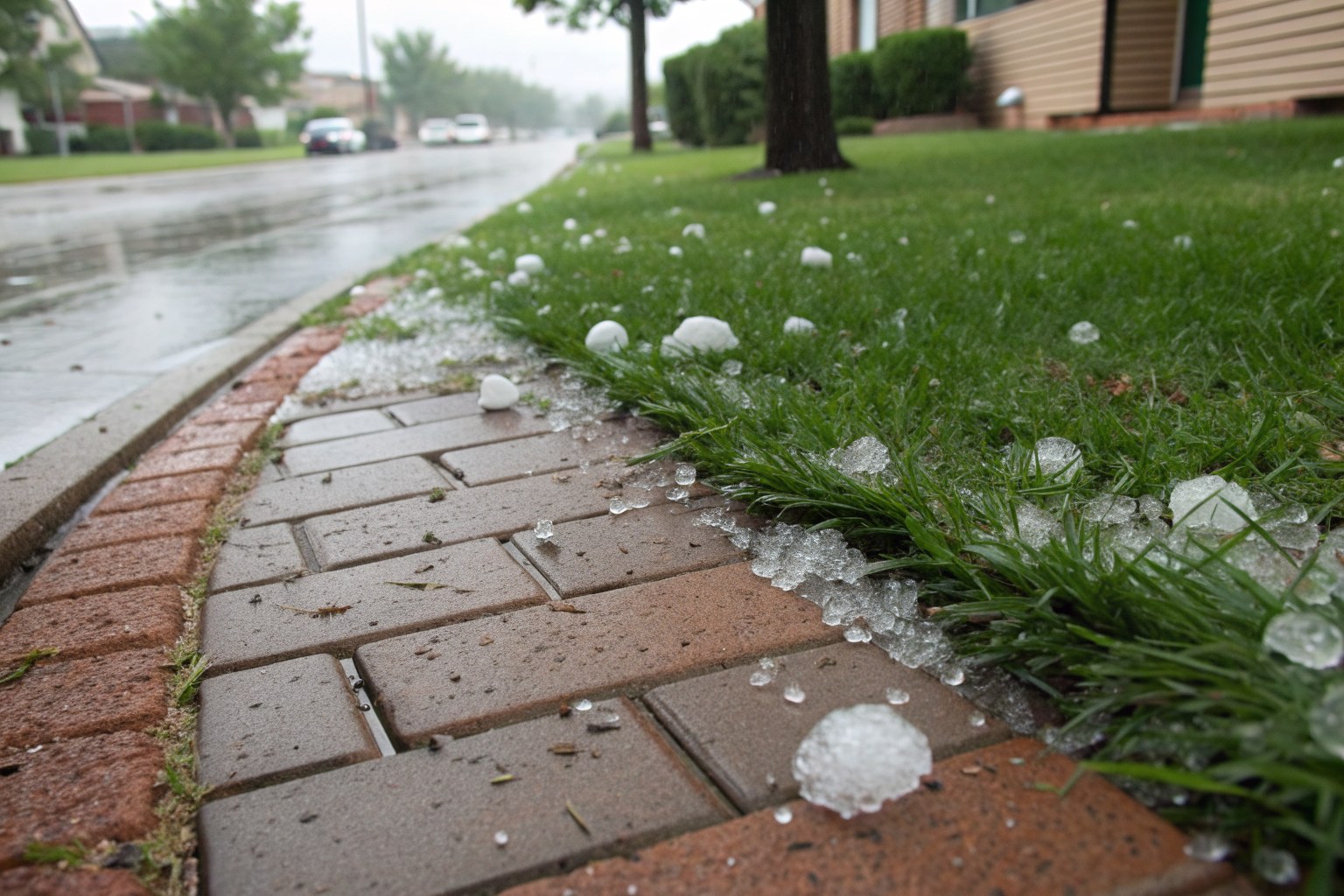 Large hailstones scattered on a lawn beside a brick front walk after a storm