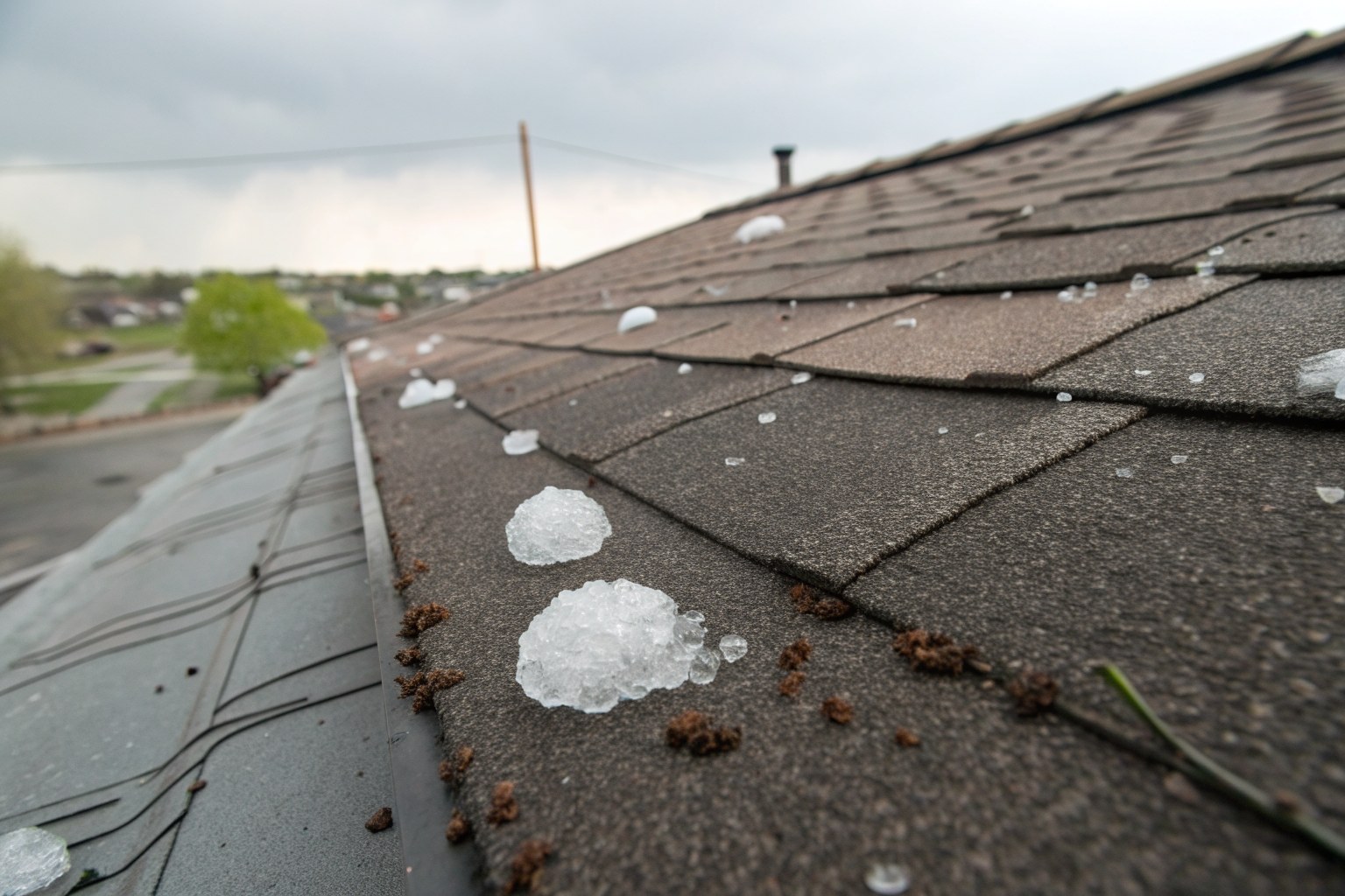 Hailstones melting on asphalt shingles marked with dark impact bruises