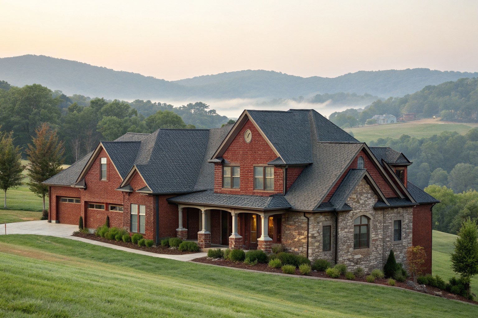 A two-story brick and stone home with a gray gabled shingle roof below rolling green hills