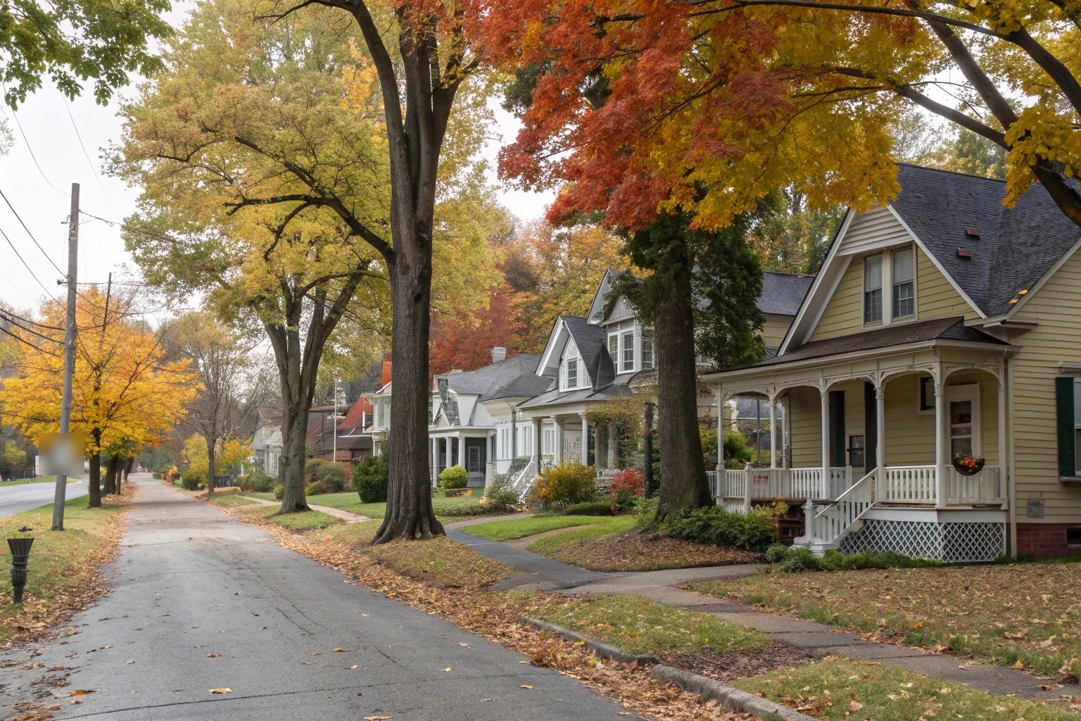 A tree-lined street of restored Victorian houses with porches and gabled roofs in autumn