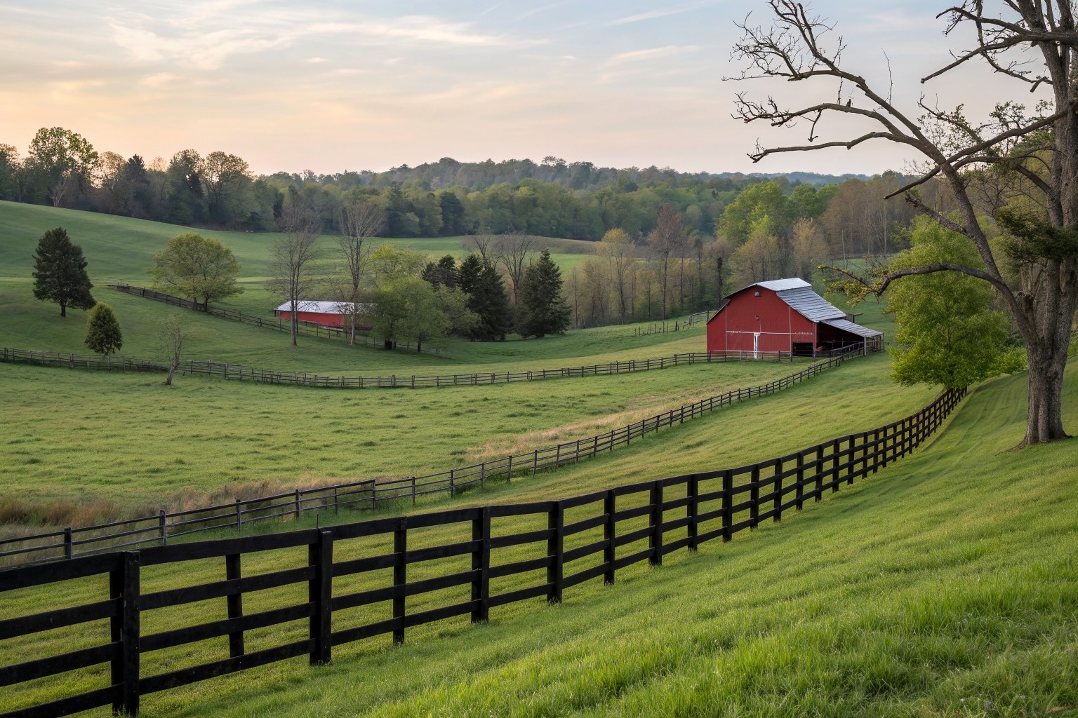 Rolling horse-farm pasture with a black board fence and a red barn in the distance