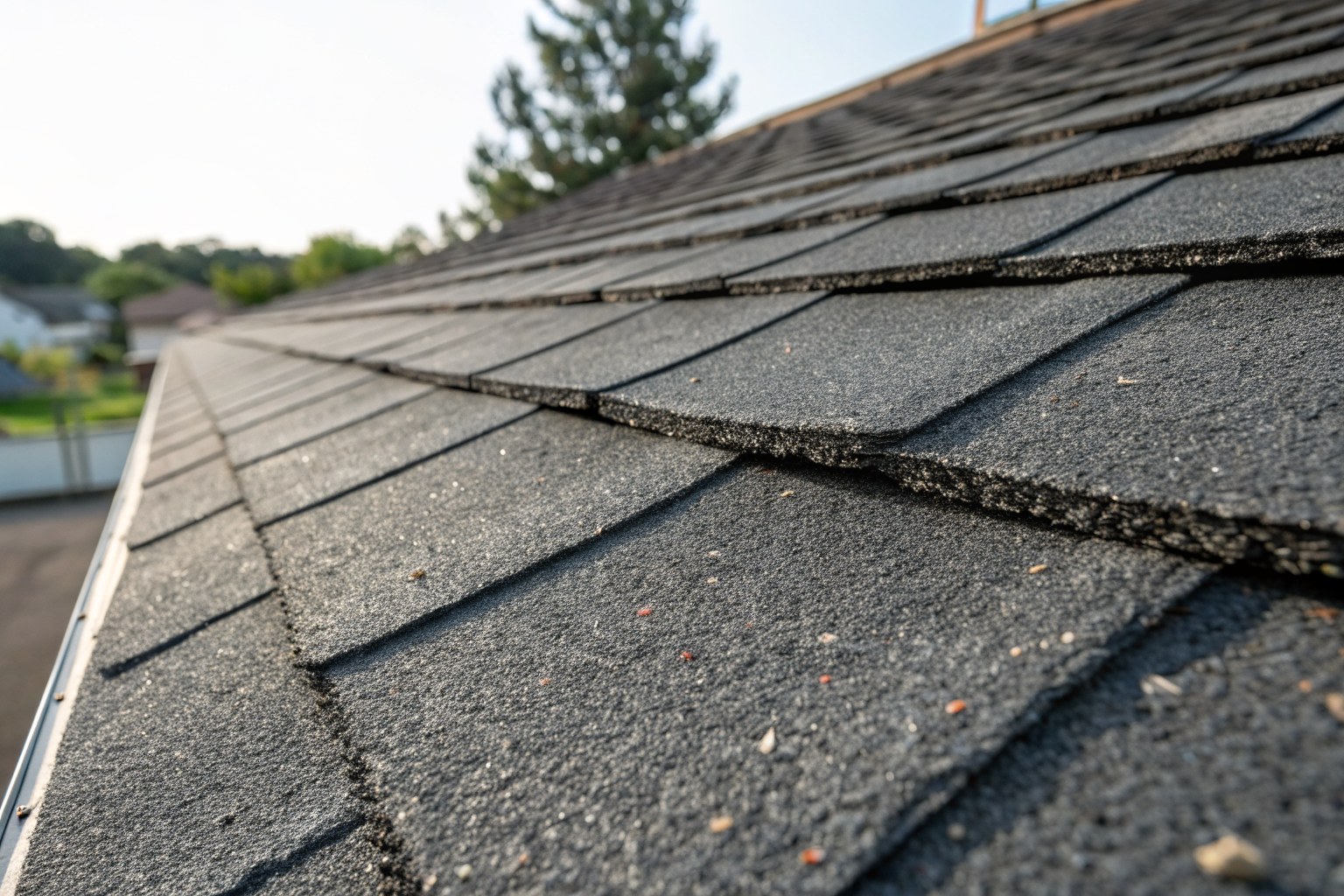 Close view of thick charcoal laminated shingles showing their layered edges