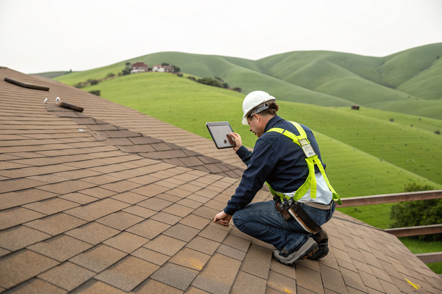 A roof inspector in a harness photographing shingles with a tablet, hills behind