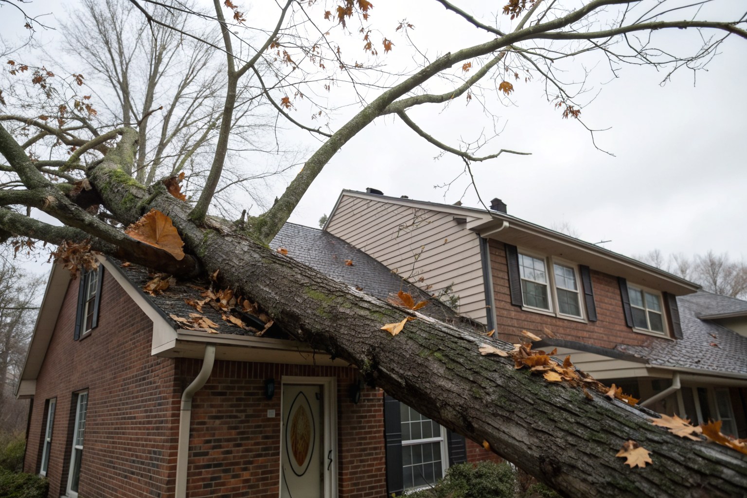 A broken hardwood limb lying across the shingle roof of a two-story brick home