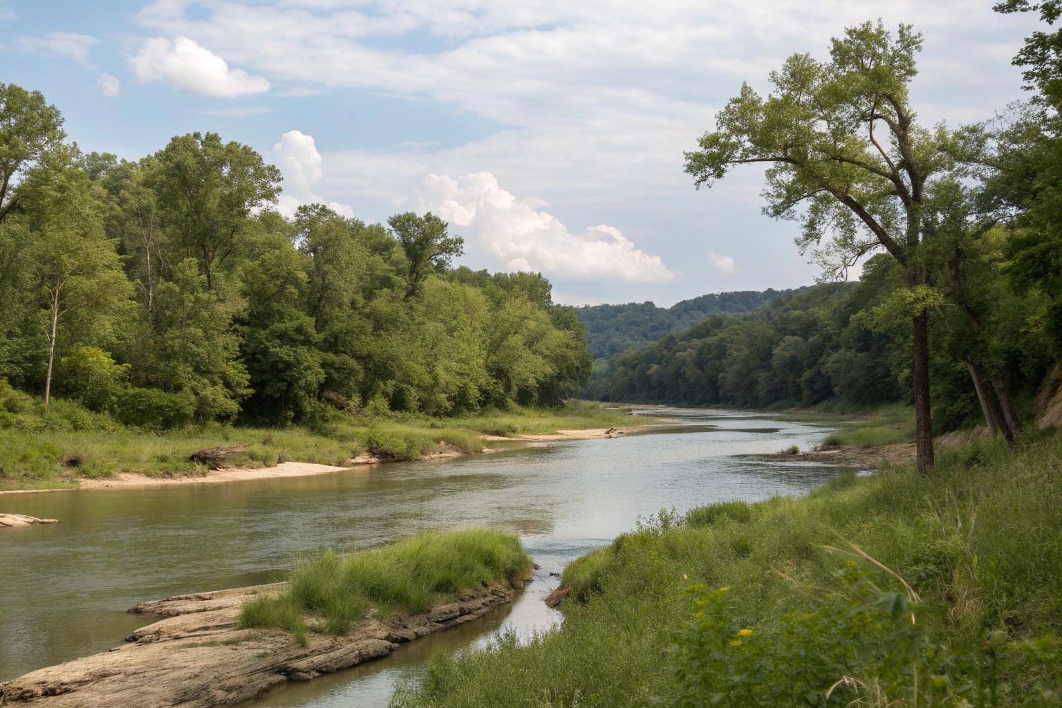 A calm river with limestone banks and sycamore trees in early summer