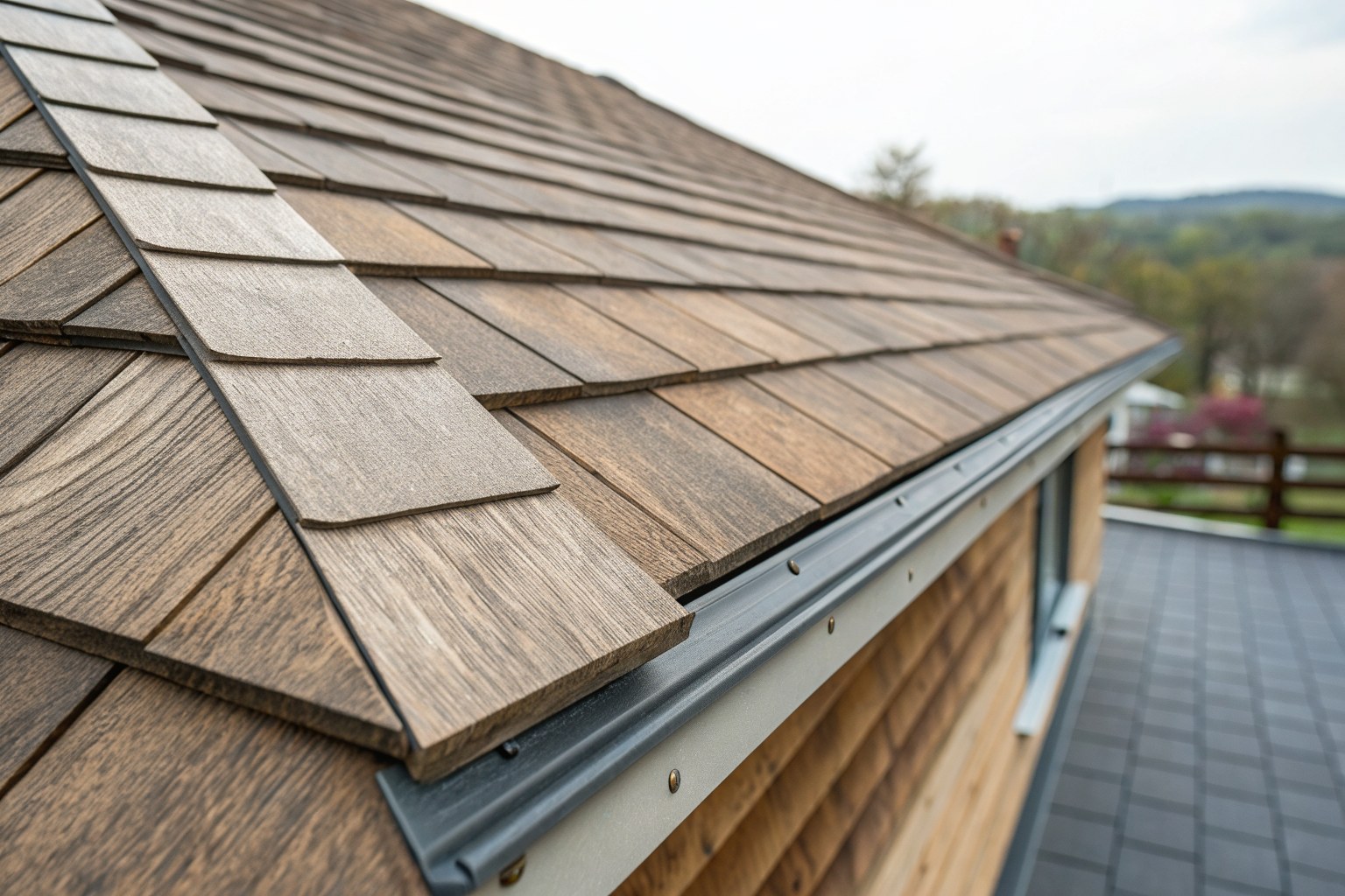 New weathered-wood architectural shingles meeting at a metal roof valley