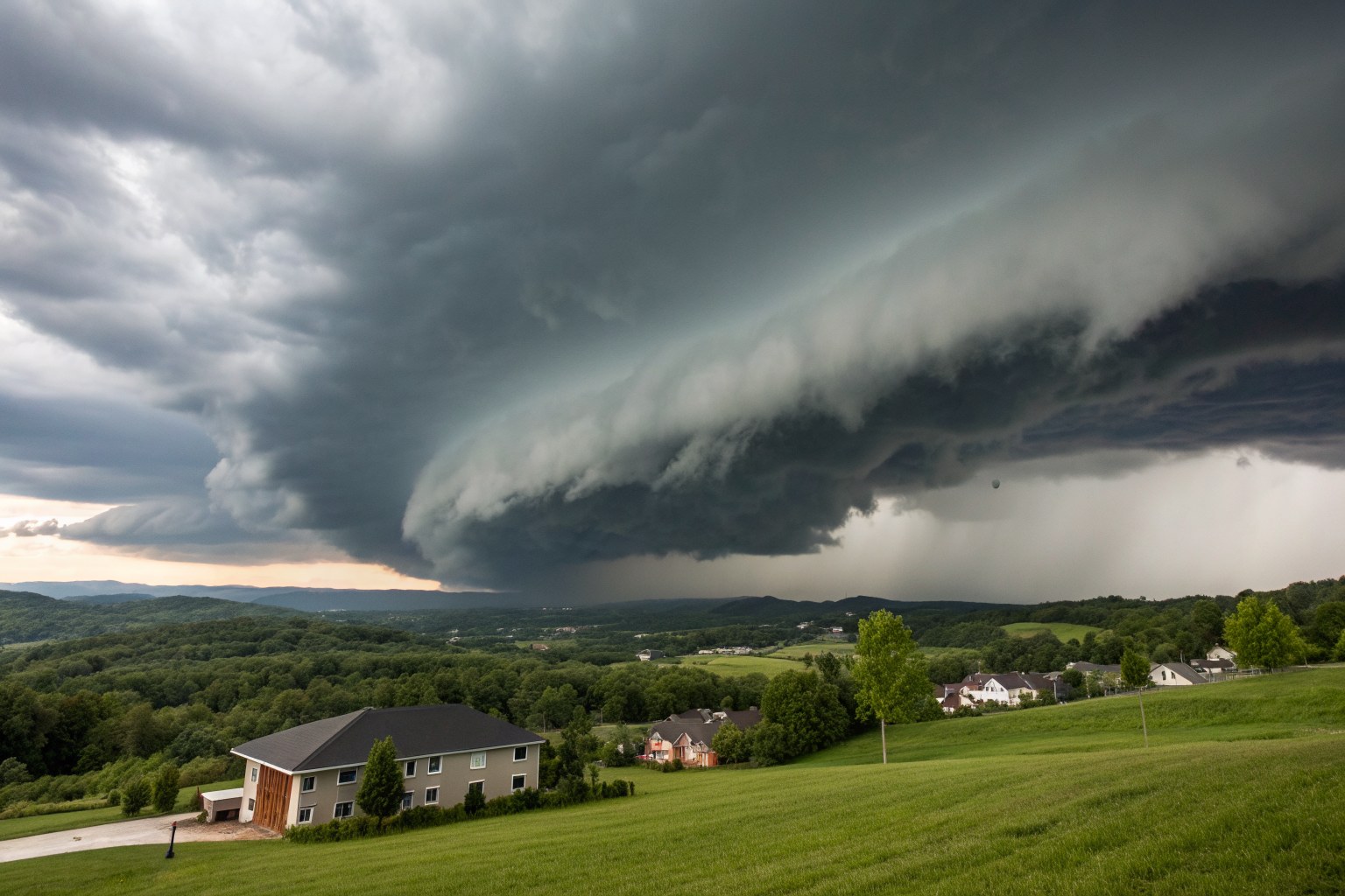 A dark rotating thunderstorm over rolling green hills and suburban rooftops