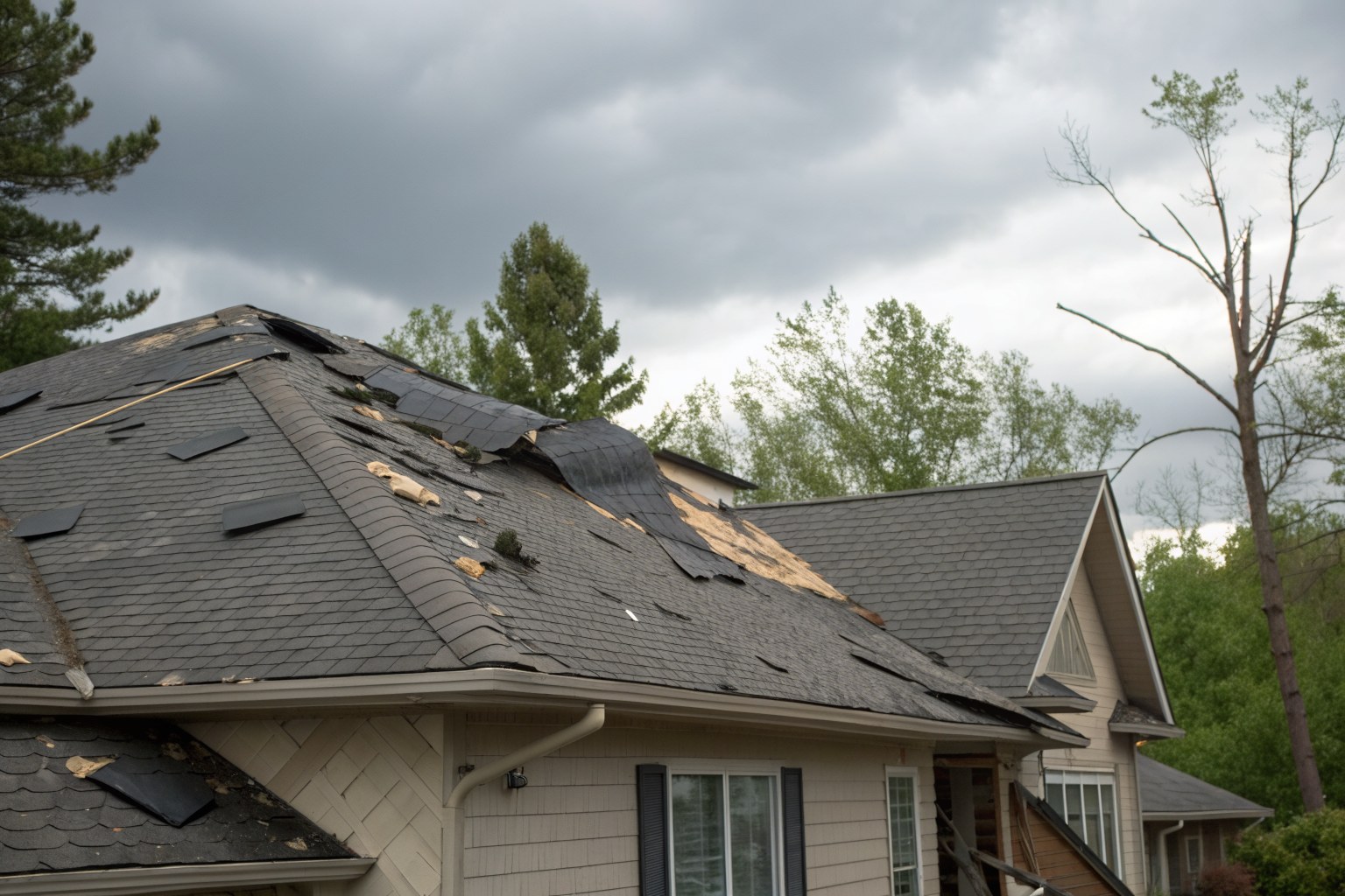 Storm-torn asphalt shingles with missing tabs exposing felt underlayment