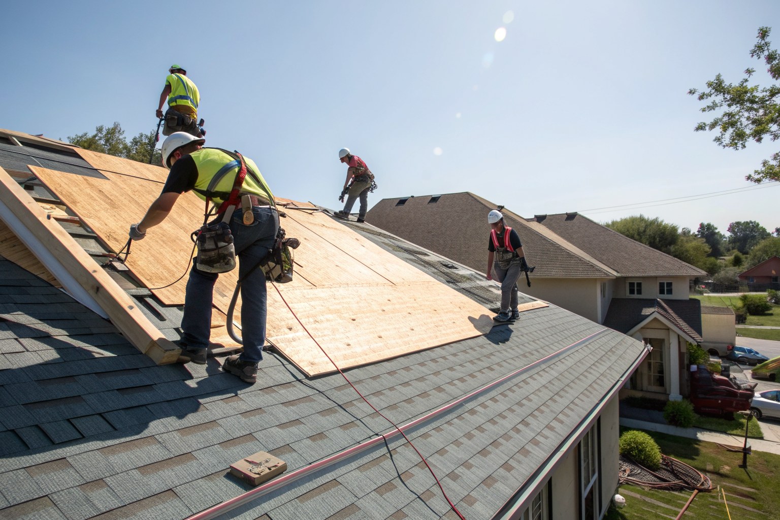 Roofers in harnesses laying new underlayment over bare roof decking